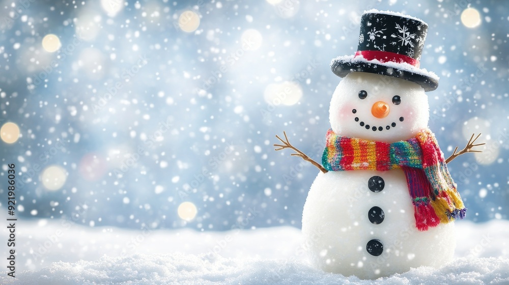 Snowman wearing a hat and scarf standing in falling snow Snowman wearing a hat and scarf standing in falling snow