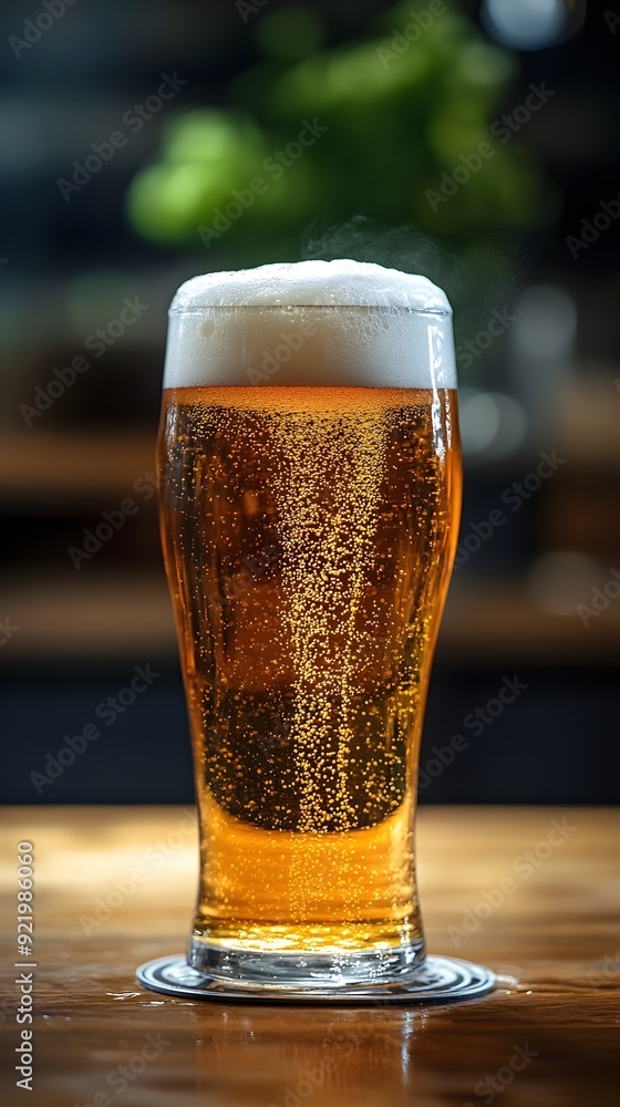 Closeup of Freshly Poured Amber Beer with Foamy Head on Wooden Table Closeup of Freshly Poured Amber Beer with Foamy Head on Wooden Table