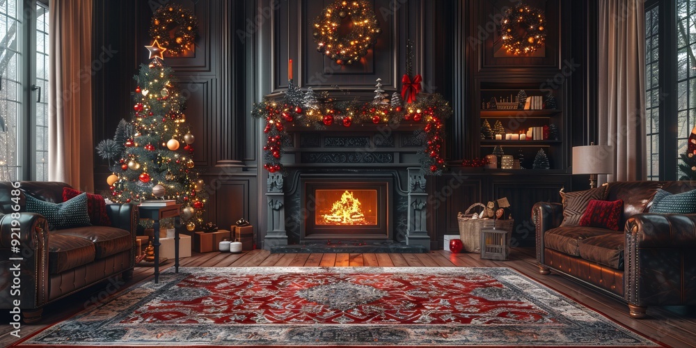 Cozy family living room with a fireplace and holiday decorations Cozy family living room with a fireplace and holiday decorations