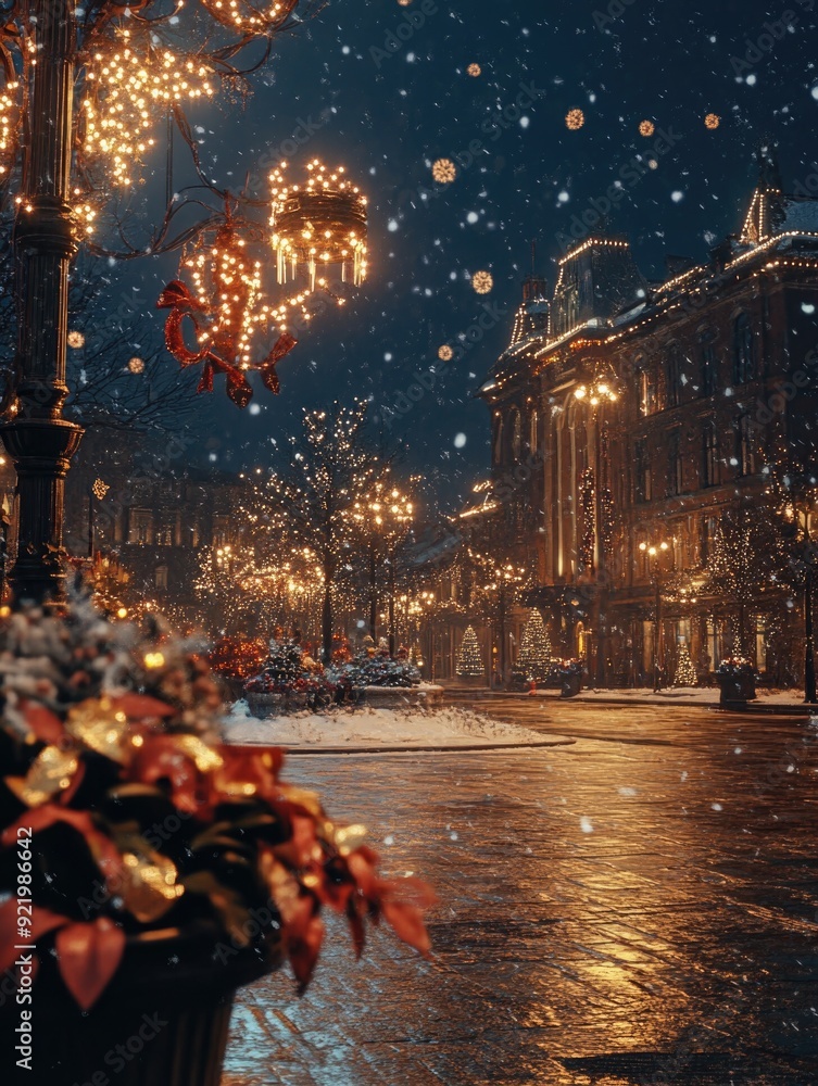 Fototapeta premium Street with Lamp Post and Christmas Lights