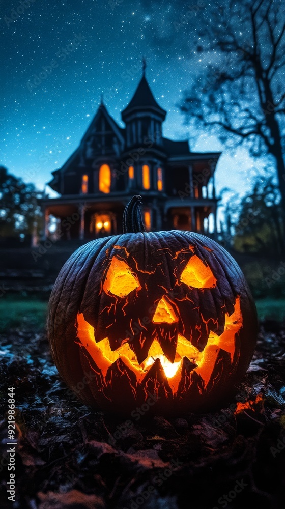 Halloween pumpkin glowing in front of haunted house under night sky Halloween pumpkin glowing in front of haunted house under night sky