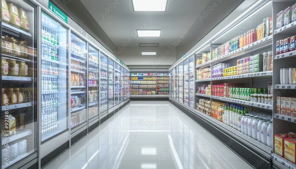 Aisle view of a supermarket showcasing beverage and food products in coolers Aisle view of a supermarket showcasing beverage and food products in coolers