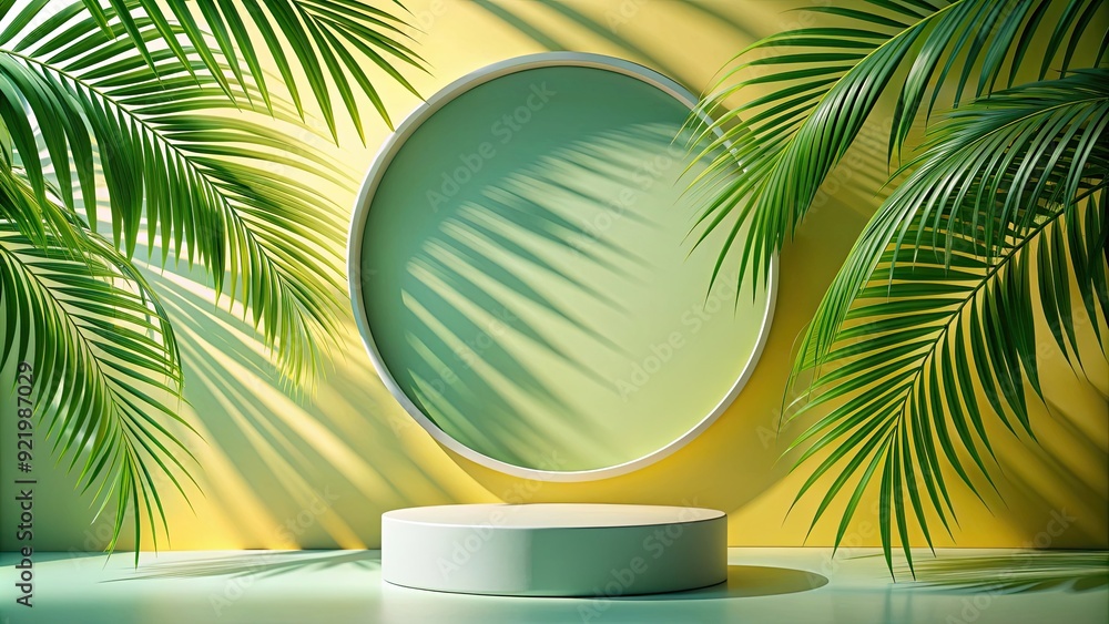 Empty cylindrical frame with shadows of palm leaves on a summer background, display, products, models, shadows Empty cylindrical frame with shadows of palm leaves on a summer background, display, products, models, shadows