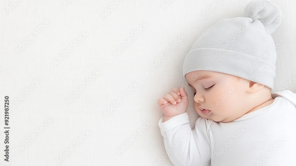 A sleeping newborn baby rests peacefully, showcasing a tiny hand and foot against a soft white background, perfect for personalized designs or advertisements A sleeping newborn baby rests peacefully, showcasing a tiny hand and foot against a soft white background, perfect for personalized designs or advertisements