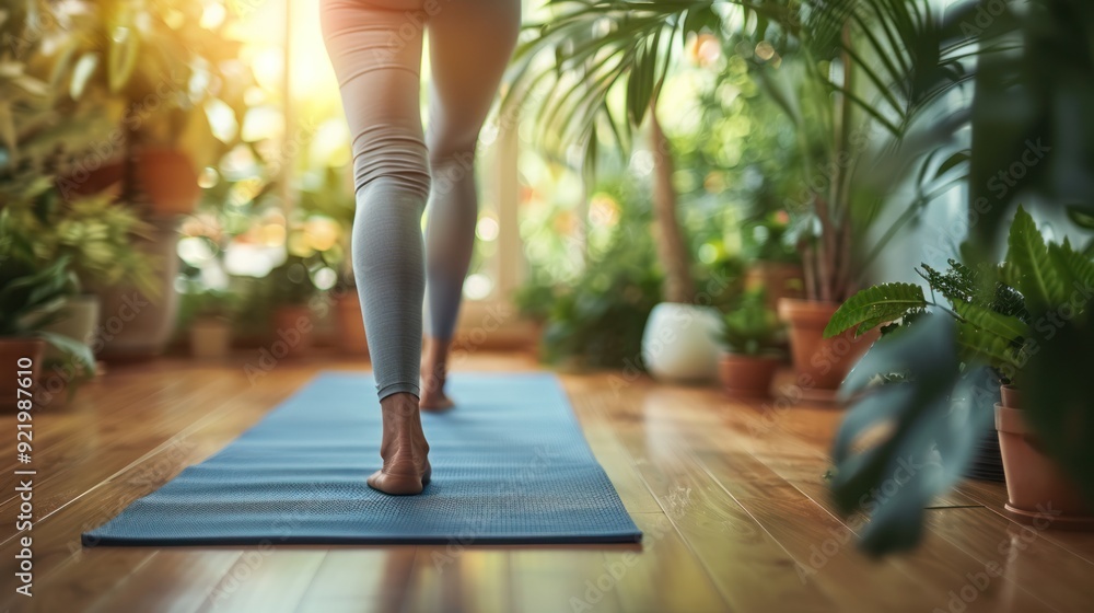A person legs in yoga pants on a mat, emphasizing wellness and relaxation A person legs in yoga pants on a mat, emphasizing wellness and relaxation