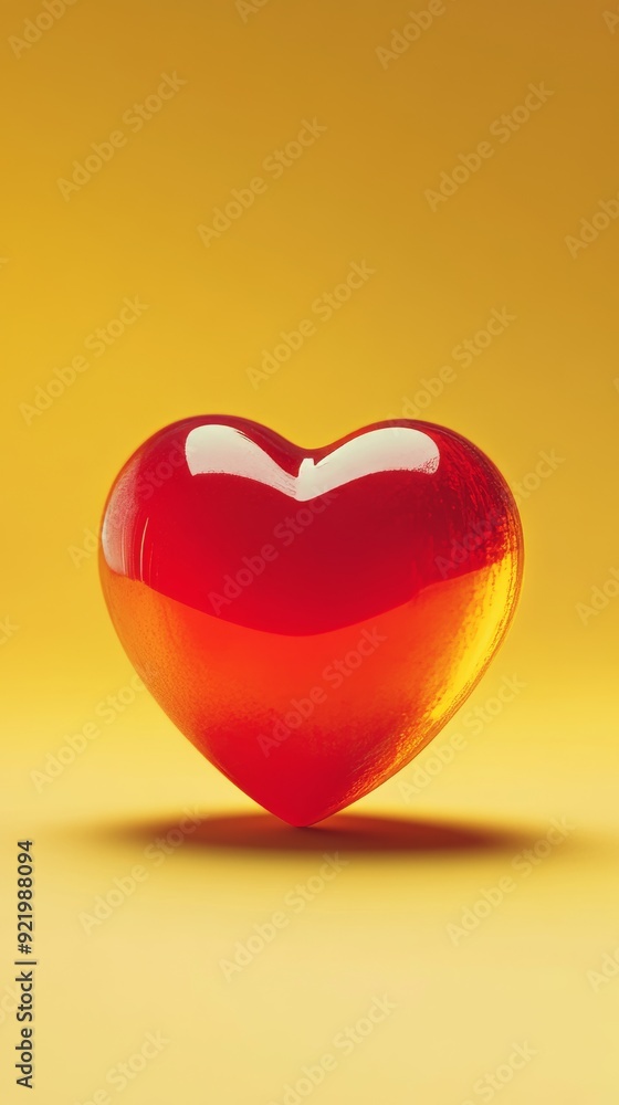 Fototapeta premium Red glass heart casting shadow on yellow background