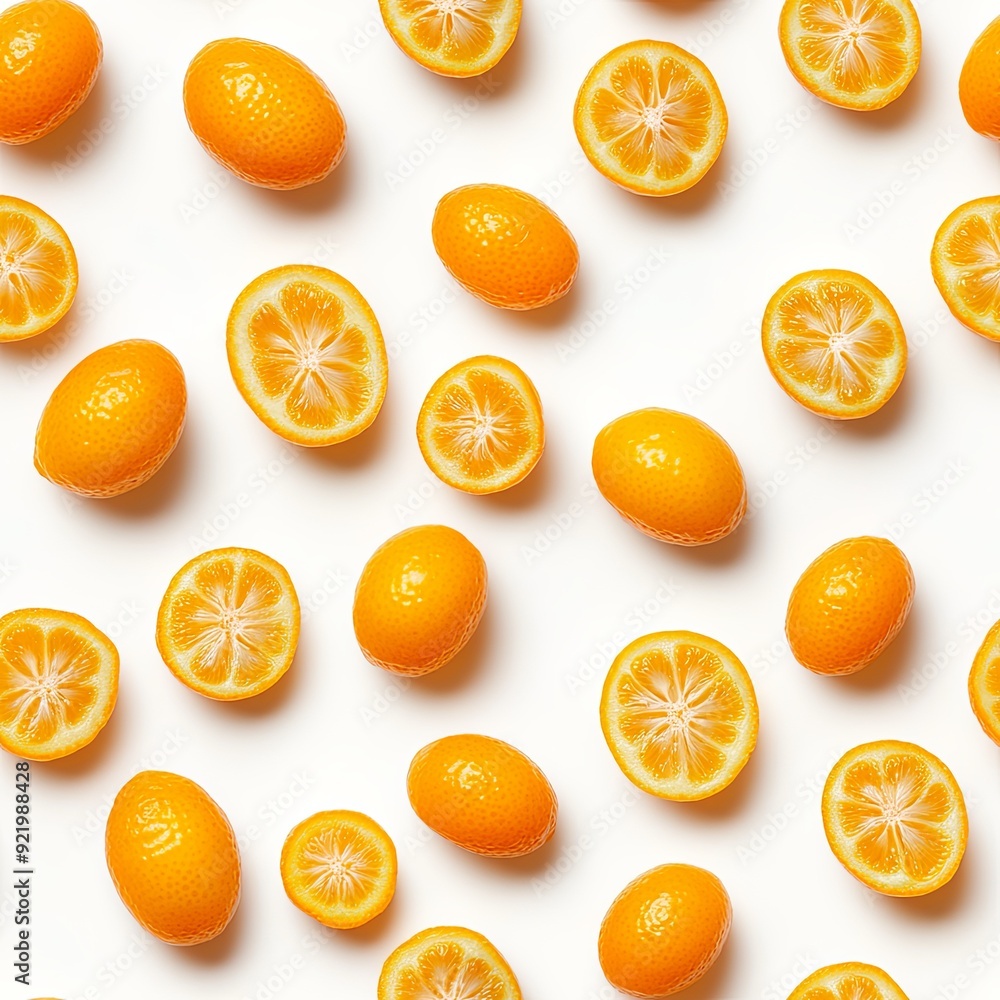 Fresh kumquats and sliced halves arranged artfully on a white background Seamless pattern Fresh kumquats and sliced halves arranged artfully on a white background Seamless pattern