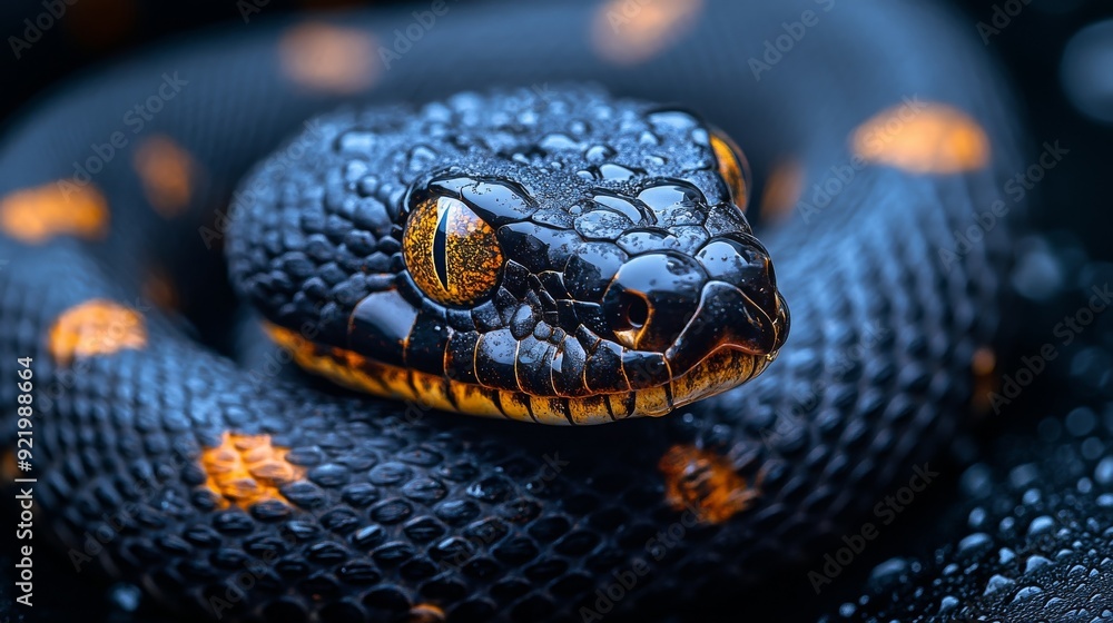 Fototapeta premium Black snake with yellow stripes coiling on wet surface