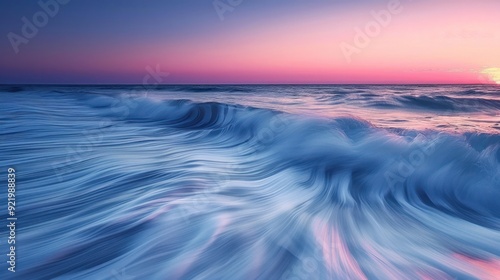 A long exposure of ocean waves at dusk, smoothing the water and capturing the twilight colors