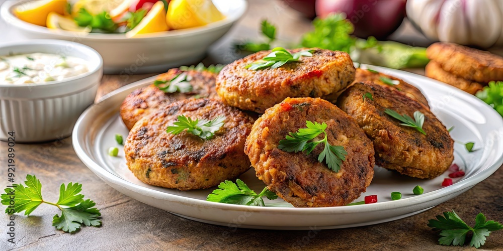 Close-up of delicious Shami Kebab on a white plate, food, Indian cuisine, appetizer, meat, spicy, traditional, kebab Close-up of delicious Shami Kebab on a white plate, food, Indian cuisine, appetizer, meat, spicy, traditional, kebab
