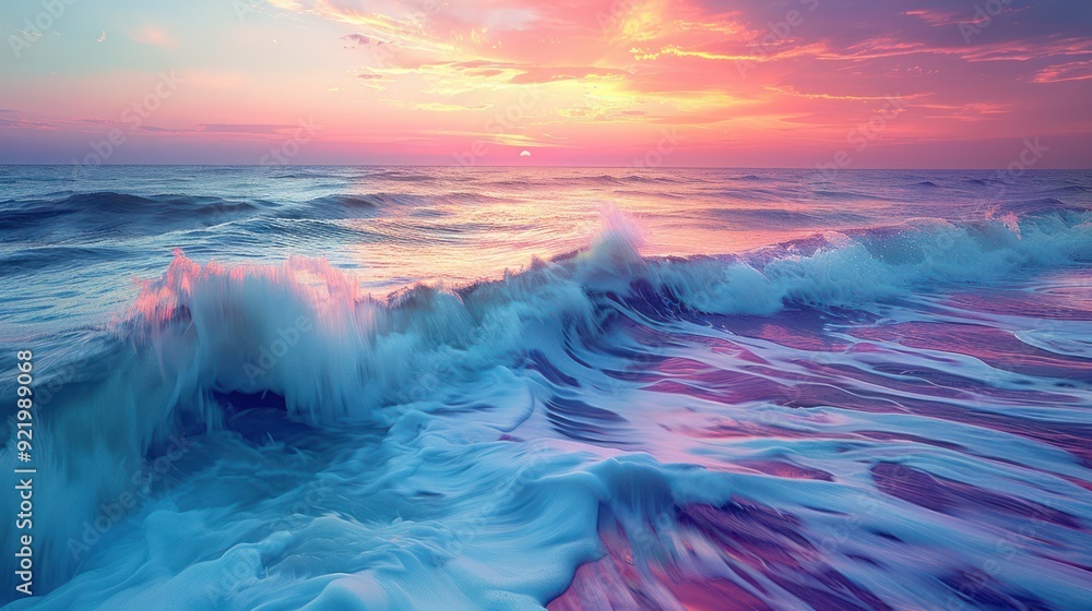 A long exposure of ocean waves at dusk, smoothing the water and capturing the twilight colors A long exposure of ocean waves at dusk, smoothing the water and capturing the twilight colors