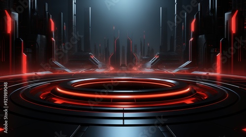 Futuristic city scene with red glowing platform.