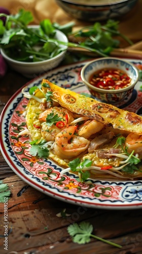 Banh Xeo rice crepes with pork, shrimp, onions and bean sprouts and a Nuoc Cham spicy sauce closeup on a plate on the table. AI generated illustration