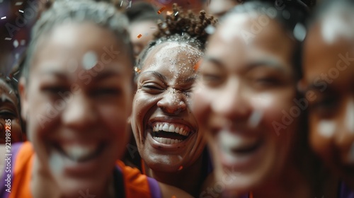 A close-up image capturing the joyful expressions of women celebrating and throwing confetti, emphasizing their happiness, engagement, and the energetic atmosphere of the event.