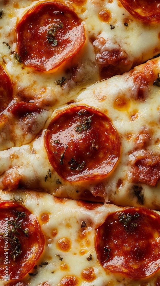 Delicious pepperoni pizza slices covered in melted cheese and herbs Delicious pepperoni pizza slices covered in melted cheese and herbs