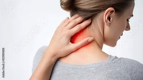 A woman experiencing neck pain and discomfort while holding the back of her head, set against a clean white background during daylight