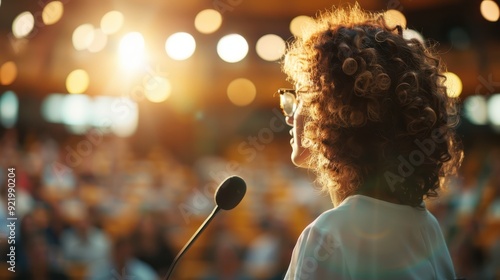 A person with curly hair is captured from behind while addressing an audience with bright, warm lights illuminating the scene, illustrating public speaking and engagement. photo