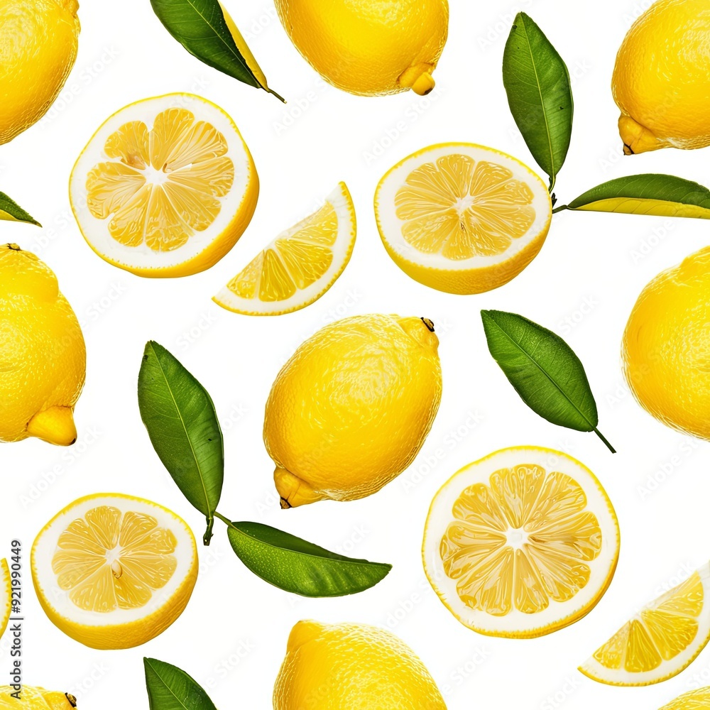 Fresh lemons and lemon slices with green leaves arranged on a white background Seamless pattern Fresh lemons and lemon slices with green leaves arranged on a white background Seamless pattern