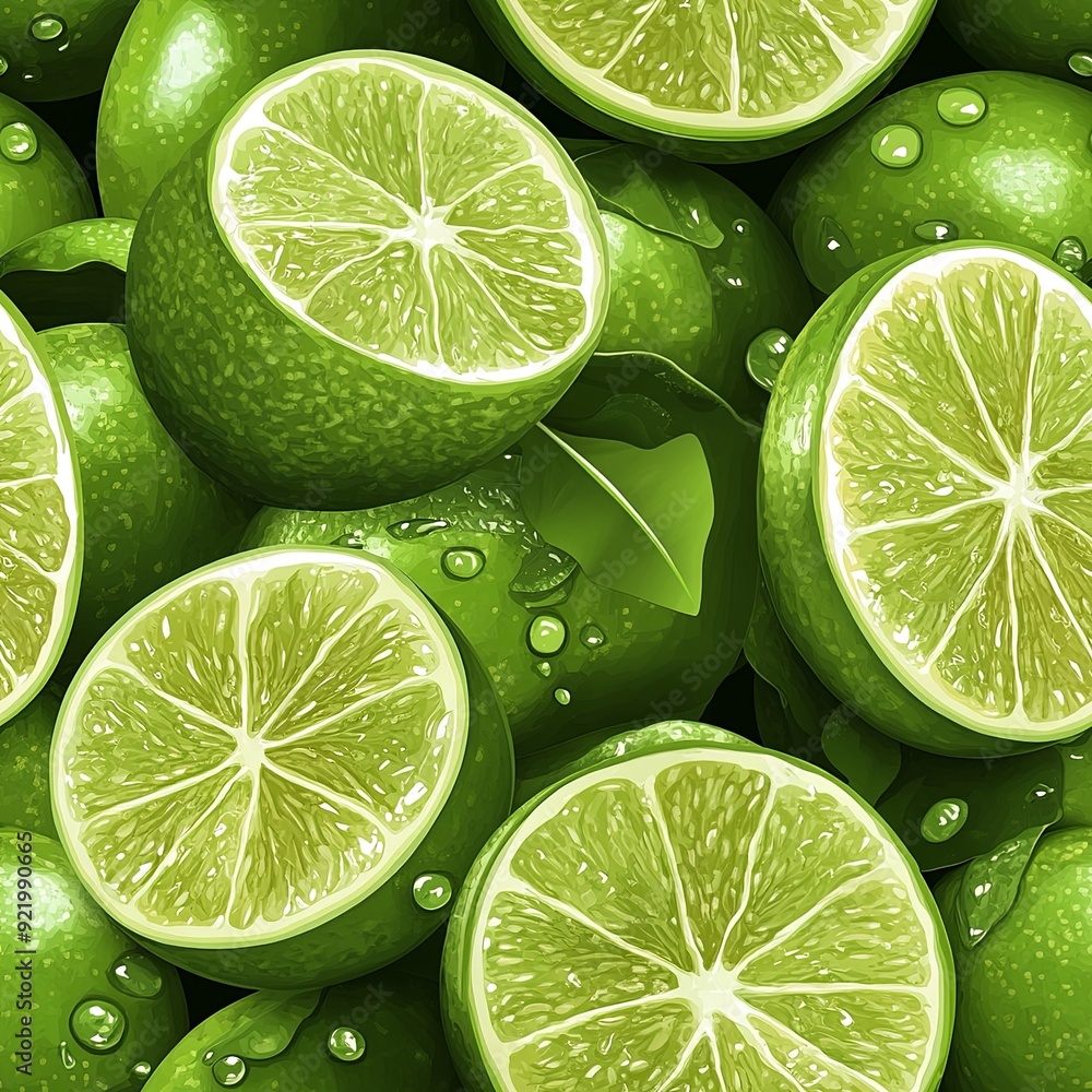 Fresh green limes with water droplets arranged in a vibrant display Seamless pattern Fresh green limes with water droplets arranged in a vibrant display Seamless pattern