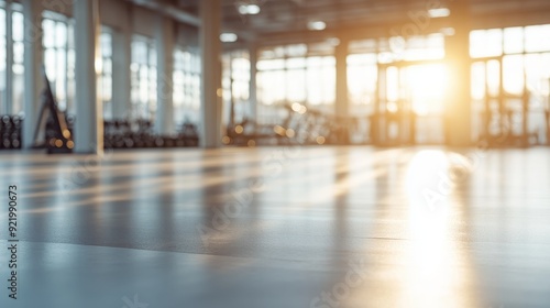 Wallpaper Mural A sunlit gym with exercise equipment and open space beautifully illuminated by morning light through large windows, the sunlight reflected on the sleek, polished gym floor. Torontodigital.ca