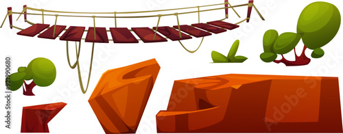 Old hanging wooden rope bridge and cliff edges for landscape creation. Cartoon vector illustration set of rock mountain danger extreme sides, hazard wood board footbridge, green trees and bushes.