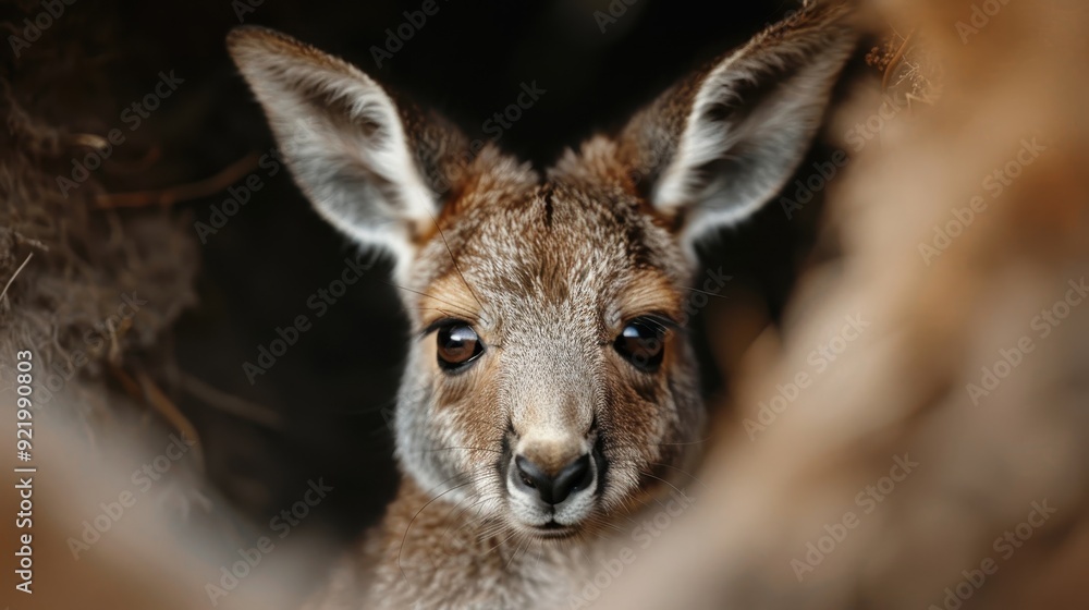 A detailed close-up of a kangaroo joey's face peering from the safety of a warm pouch, highlighting its endearing features and the feeling of security and comfort in its natural behavior. A detailed close-up of a kangaroo joey's face peering from the safety of a warm pouch, highlighting its endearing features and the feeling of security and comfort in its natural behavior.