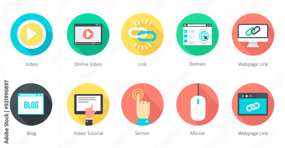 A set of 10 Communication icons as video, online video, link A set of 10 Communication icons as video, online video, link
