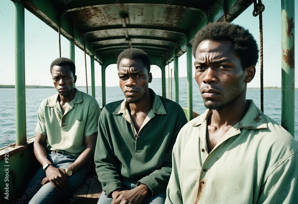 Three African men with serious expressions in a boat Three African men with serious expressions in a boat