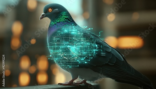 A surreal depiction of a pigeon with a digital heart in an urban setting at sunset photo