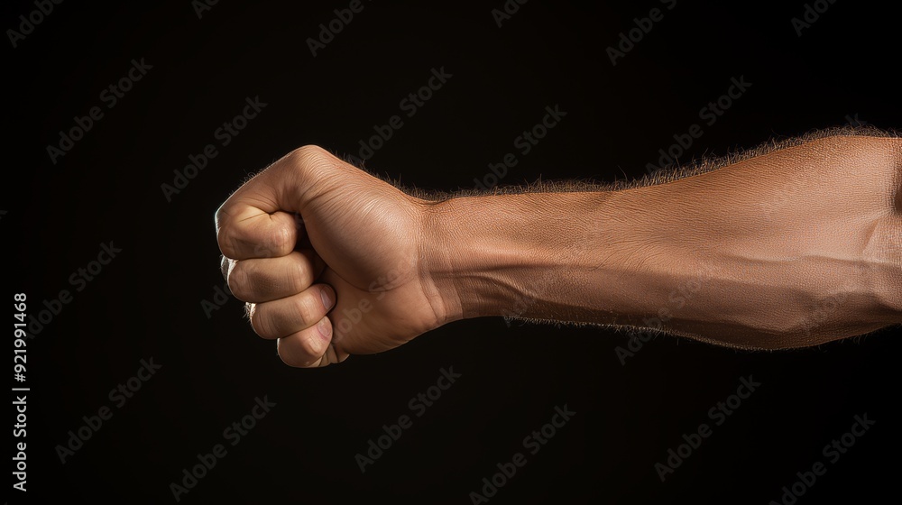Well defined male arm showcasing powerful and well toned muscles in a flexed position. Well defined male arm showcasing powerful and well toned muscles in a flexed position.