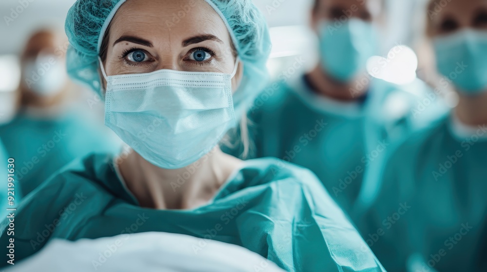 A medical team clad in green surgical attire, focused on a crucial surgical procedure, with various medical instruments seen in the background. A medical team clad in green surgical attire, focused on a crucial surgical procedure, with various medical instruments seen in the background.