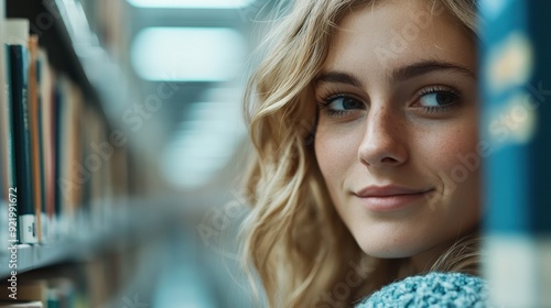 A young woman with a soft smile glances through the library shelves, capturing a moment of quiet contemplation and the joy of discovery in a serene academic environment. photo