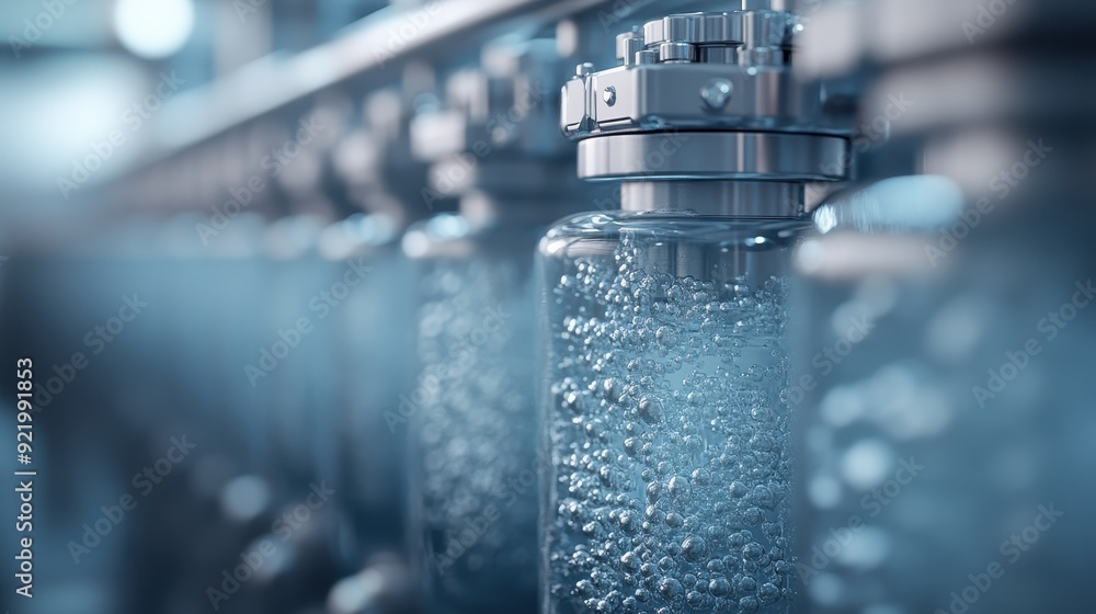 This image shows a row of clear, sparkling mineral water bottles on a production line in a modern bottling factory, emphasizing cleanliness, precision, and high-quality production. This image shows a row of clear, sparkling mineral water bottles on a production line in a modern bottling factory, emphasizing cleanliness, precision, and high-quality production.