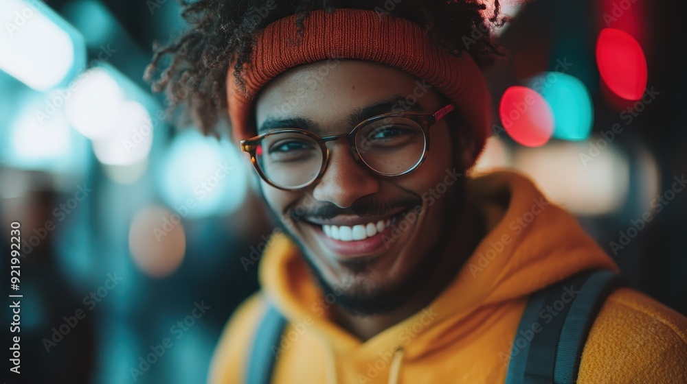 A young man with glasses and a beanie smiles brightly with colorful city night lights in the background, representing modern youth and urban lifestyle. A young man with glasses and a beanie smiles brightly with colorful city night lights in the background, representing modern youth and urban lifestyle.