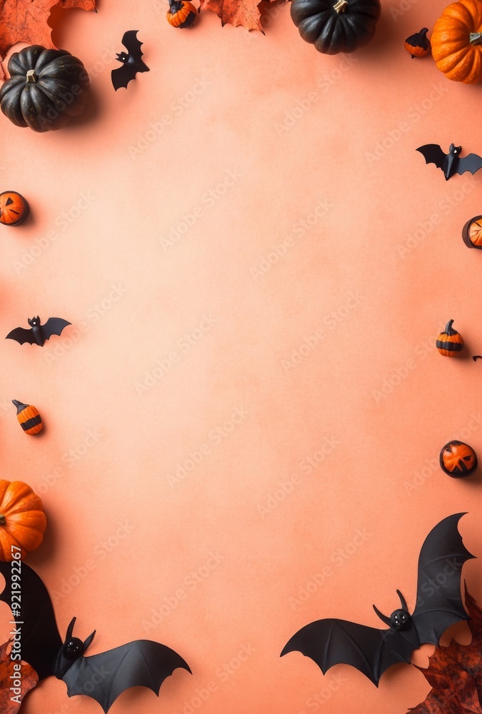 Fototapeta premium A simple minimalist flat lay background with small Halloween props like tiny pumpkins and bats in the corners, leaving a large empty space in the middle