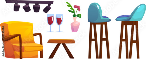 Cafe or coffee shop interior furniture and elements. Cartoon vector set of cozy modern restaurant and cafeteria objects - table and armchair, stools and lamp, glasses with wine and flower in vase.
