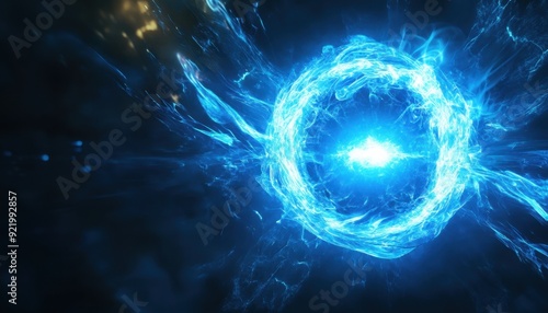 A swirling blue energy sphere pulsing in a dark cosmic background