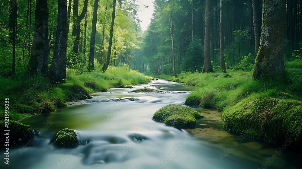 Fototapeta premium Crystal clear water dances through a verdant forest, cascading over mossy rocks to form a tranquil brook