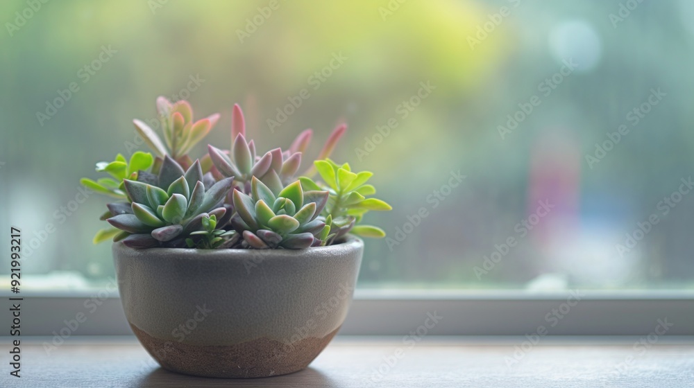Succulent plants in pots by a bright window. Succulent plants in pots by a bright window.