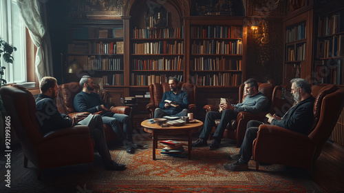  In an ancient library with high vaults, five men are sitting at a massive oak table littered with books and parchments. There is a smell of old paper in the air, they are enthusiastically discussing 