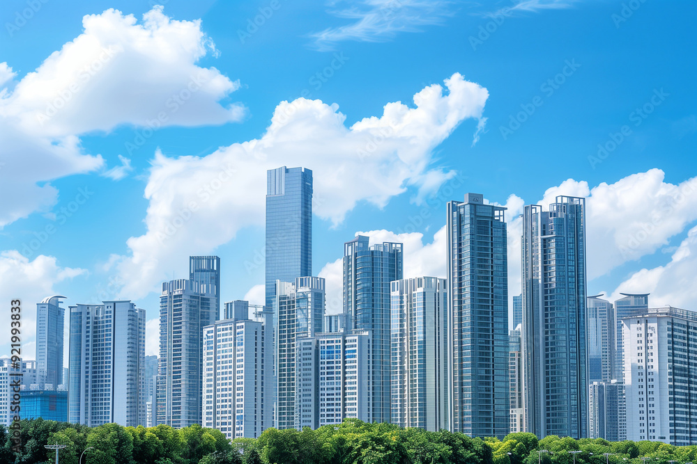 Obraz premium Skyscrapers Viewed from Below with Blue Sky and White Clouds