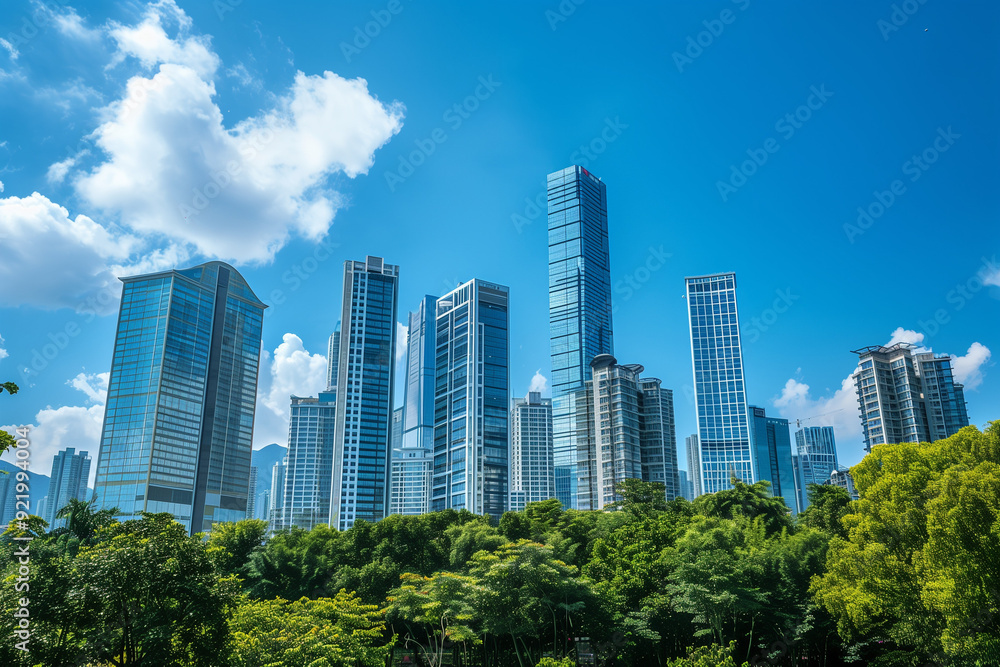 Skyscrapers Viewed from Below with Blue Sky and White Clouds Skyscrapers Viewed from Below with Blue Sky and White Clouds