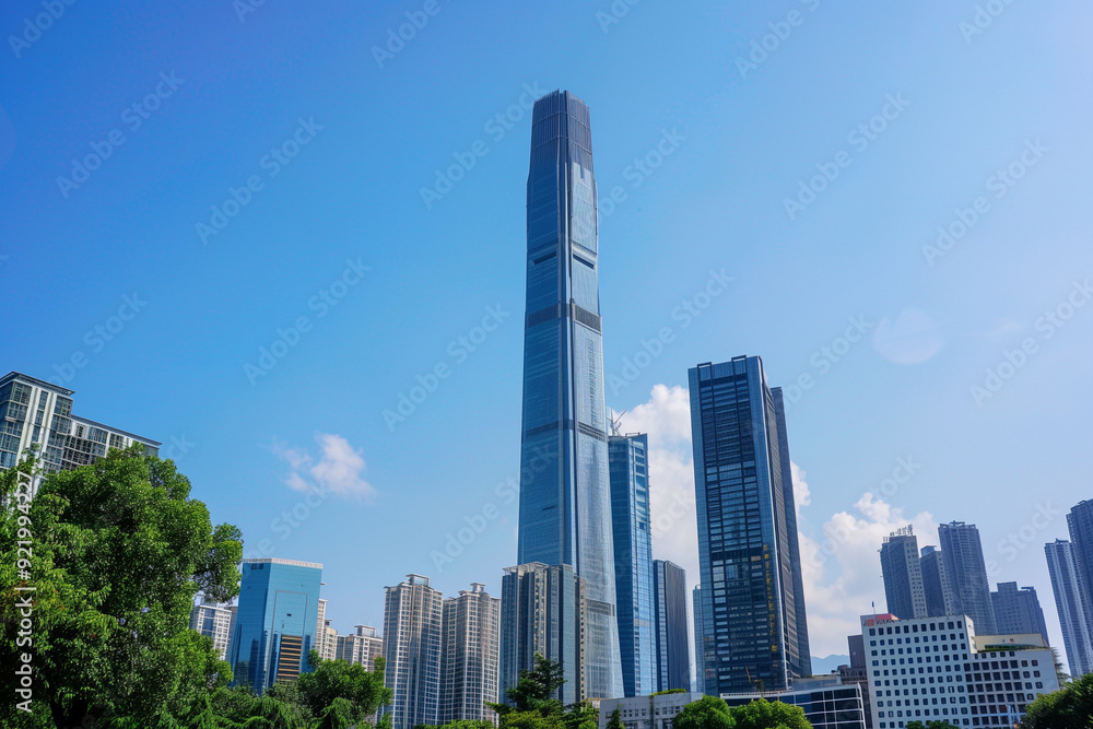 Skyscrapers Viewed from Below with Blue Sky and White Clouds Skyscrapers Viewed from Below with Blue Sky and White Clouds
