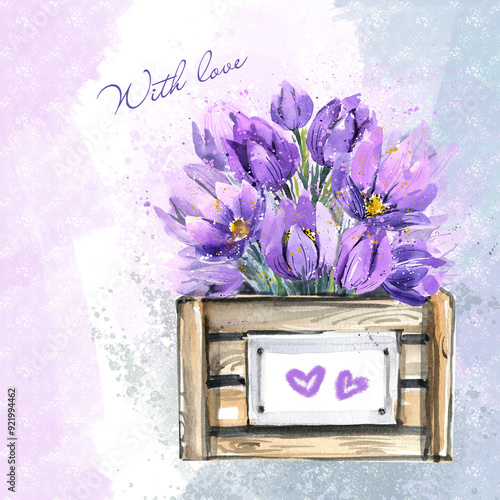 A bouquet of purple snowdrops, watercolor flowers in a wooden box with a heart and text With love. A bouquet of spring flowers in a box, abstract watercolor illustration isolated on a white background photo