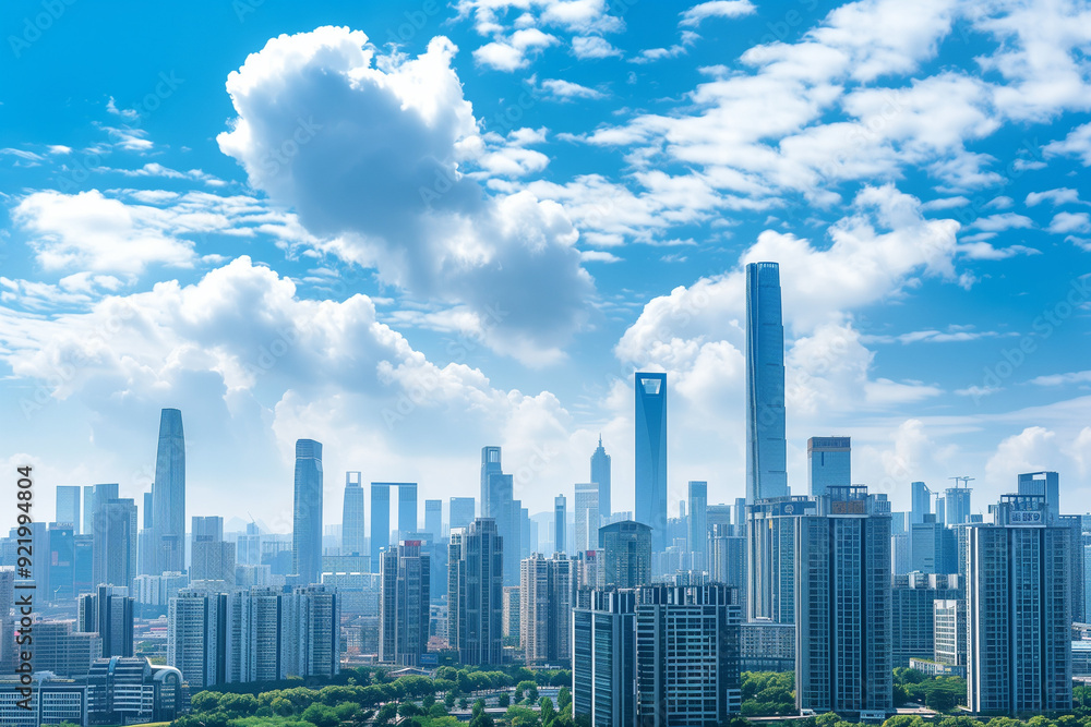 Skyscrapers Viewed from Below with Blue Sky and White Clouds Skyscrapers Viewed from Below with Blue Sky and White Clouds