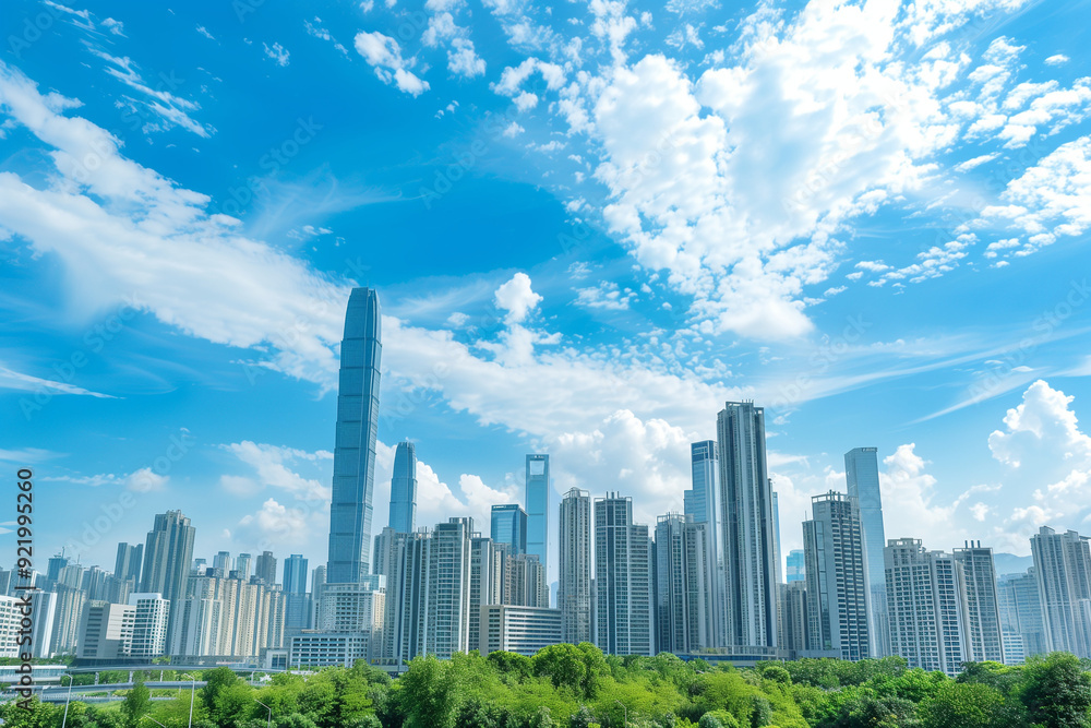 Skyscrapers Viewed from Below with Blue Sky and White Clouds Skyscrapers Viewed from Below with Blue Sky and White Clouds