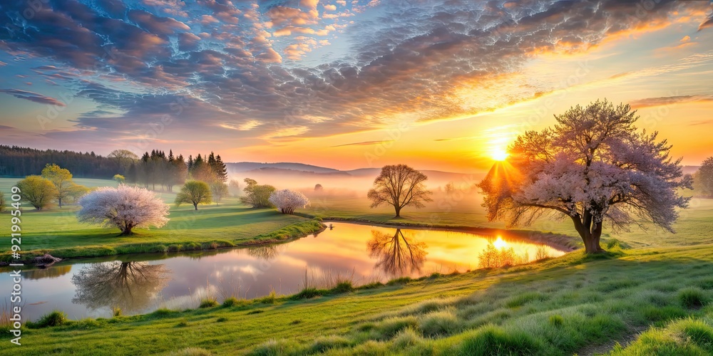 Obraz premium Serene sunrise over a tranquil spring landscape, dawn, nature, spring, sun, sunrise, flowers, trees, meadow, peaceful