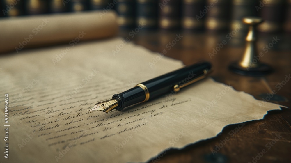 Classic fountain pen on a parchment paper. Classic fountain pen on a parchment paper.