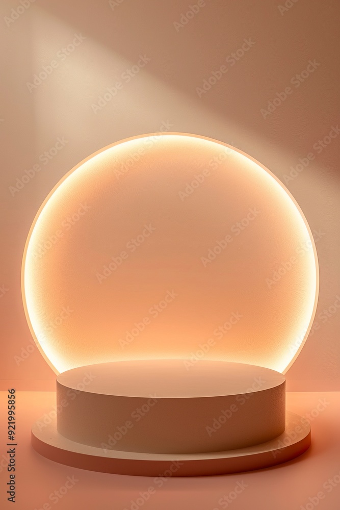 Podium of an round shape against a light peach wall with beautiful backlighting. Trendy modern background for presentation, generative ai Podium of an round shape against a light peach wall with beautiful backlighting. Trendy modern background for presentation, generative ai