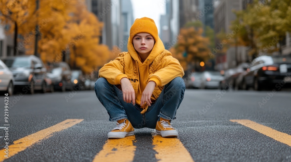 Street Style Photography Urban Fashion Shoot in Downtown NYC, Posing on the Crosswalk with a Yellow Hoodie and Beanie, Model in the City Street Style Photography Urban Fashion Shoot in Downtown NYC, Posing on the Crosswalk with a Yellow Hoodie and Beanie, Model in the City